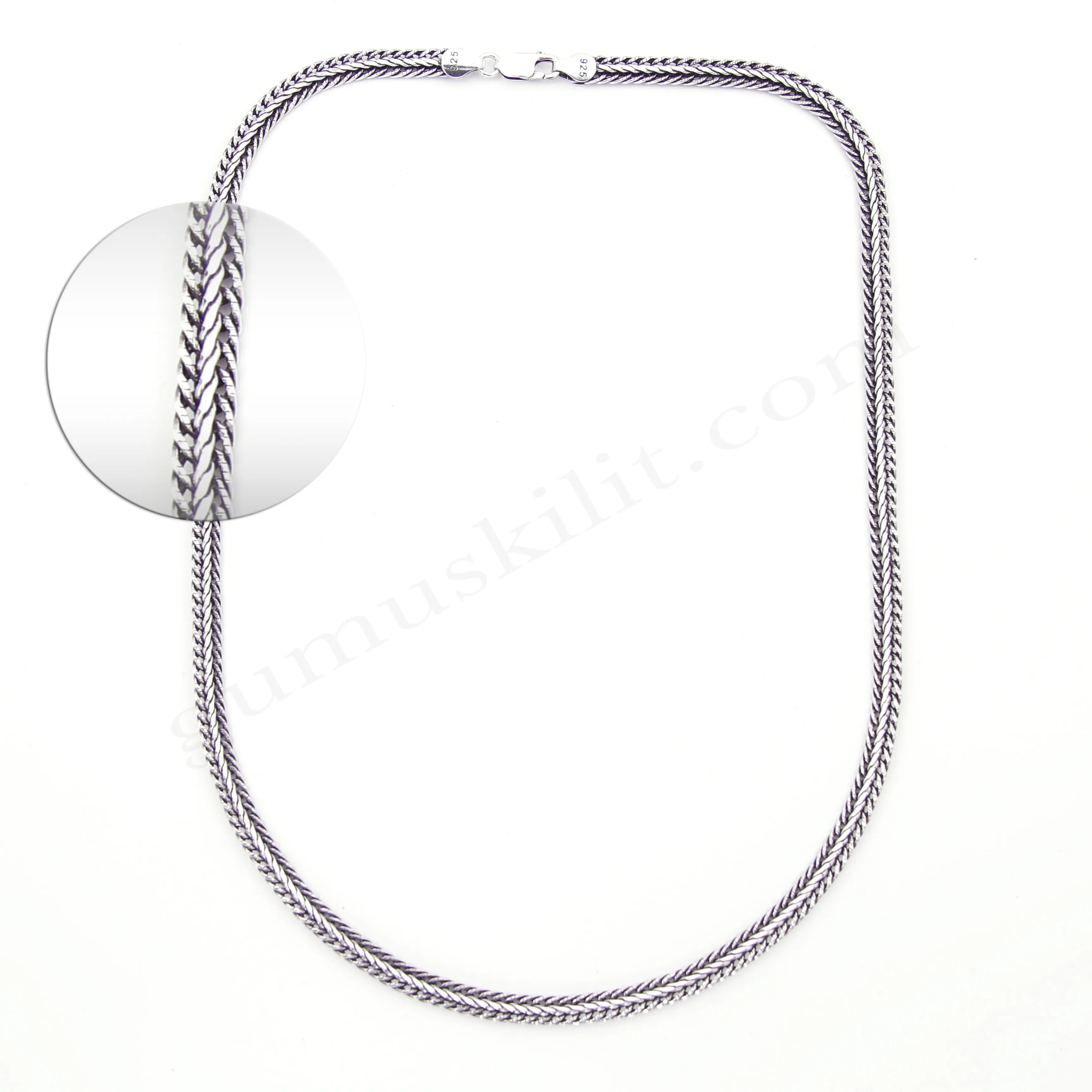 4 Numara Tilki Kuyruğu Balıksırtı Model  2,90mm Kalınlığında 5,80mm Genişliğinde 925 Ayar Gümüş Zincir, Kolye