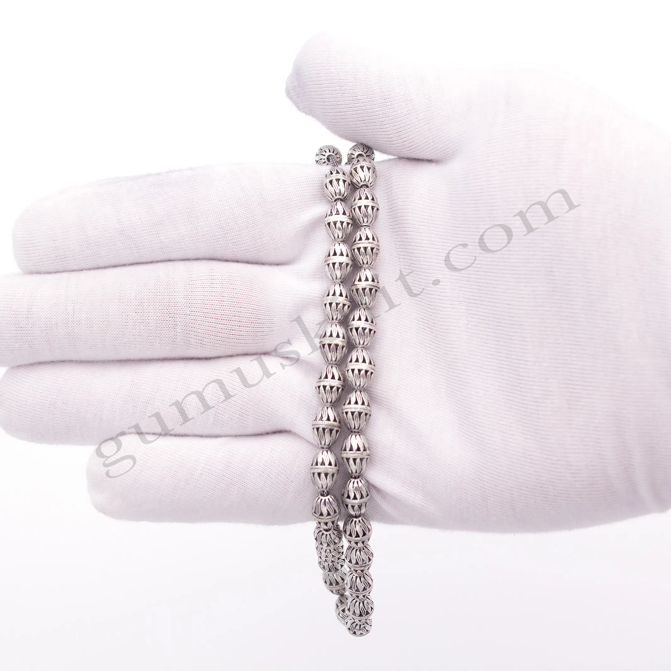 Toptan 925 Ayar Gümüş Özel İşlemeli Oksitli Tesbih 10*7(mm)