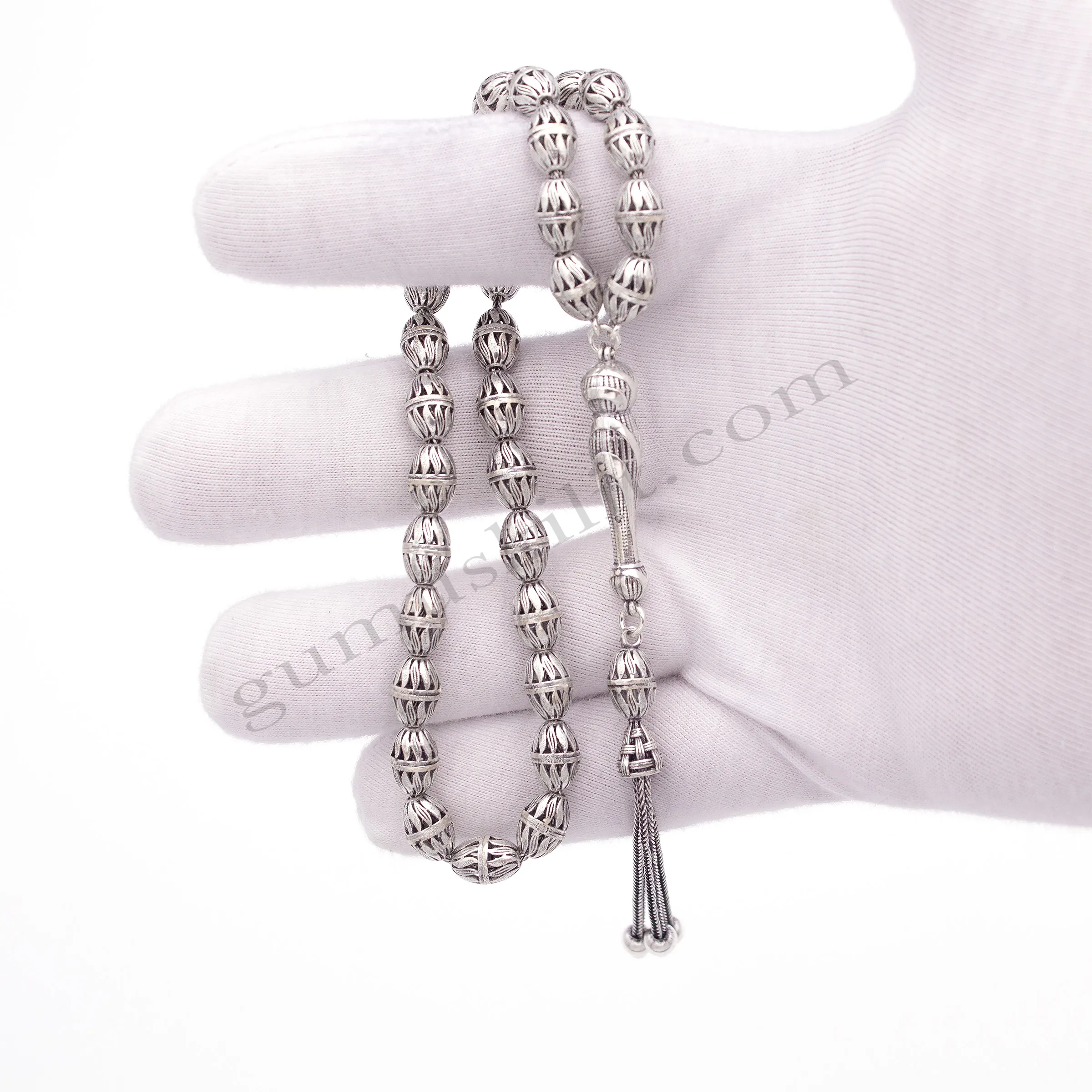 Toptan 925 Ayar Gümüş Özel İşlemeli Oksitli Tesbih 10*7(mm)