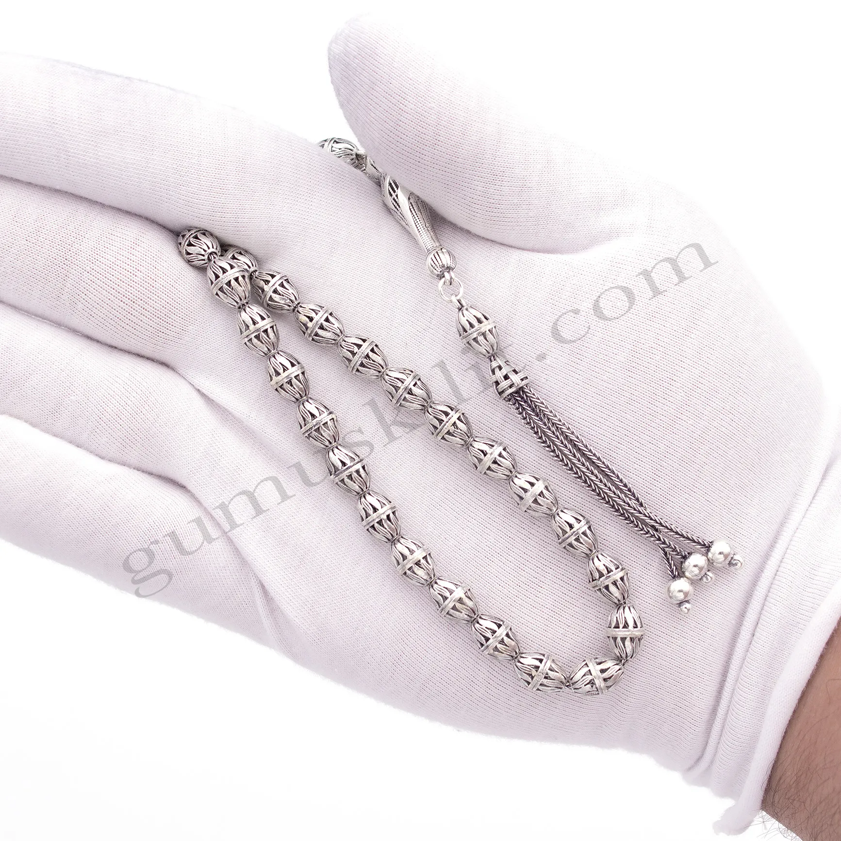 Toptan 925 Ayar Gümüş Özel İşlemeli Oksitli Tesbih 10*7(mm)